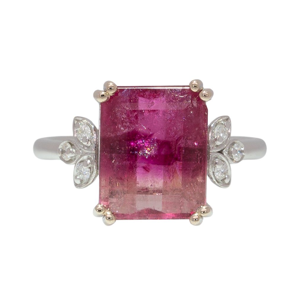 5.1cts Bi-Color Tourmaline Ring In Solid 14k White Gold With Natural Diamonds